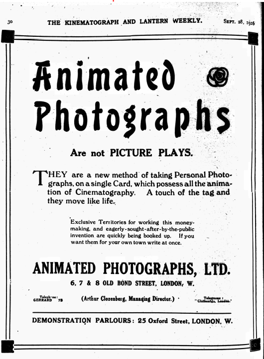Newspaper clipping of an advertisement for 'Animated Photographs'