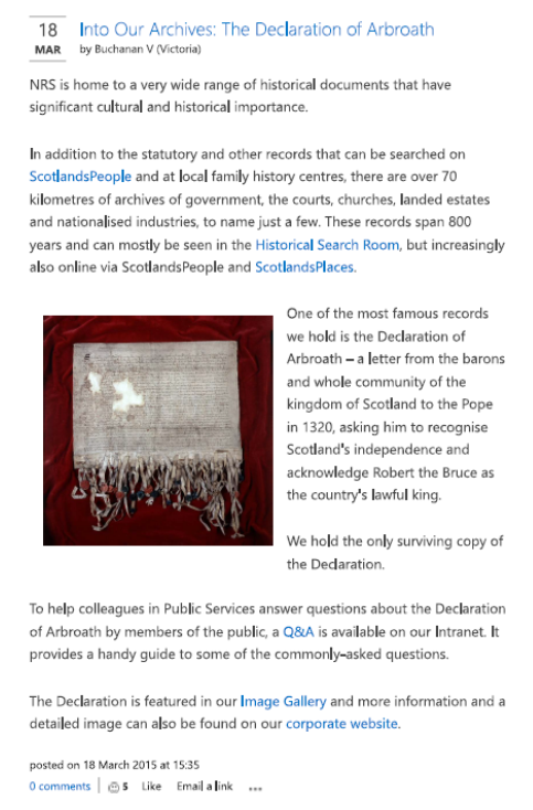 A news item from the NRS intranet in March 2015, focusing on the Declaration of Arbroath. 