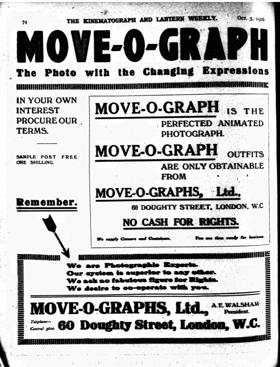 Newspaper clipping of an advertisement for 'Move-o-graph: the photo with the changing expressions'